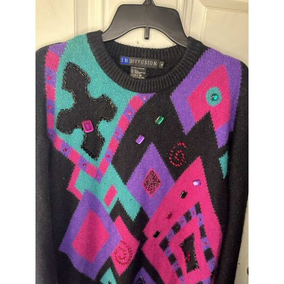 Vintage 1992 IB Diffusion Artsy Embellished Jeweled Geometric Sweater Medium - Picture 3 of 6